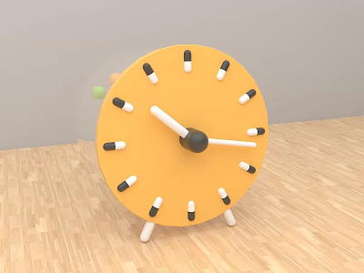 Yellow Round Clock With Black Hour Markers White Hands And White Stand On Wooden Floor 3d model