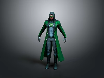 Green Robed Superhero Character With Glowing Chest Emblem And Hooded Mask 3d model