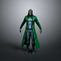 Green Robed Superhero Character With Glowing Chest Emblem And Hooded Mask