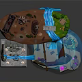 Whimsical Miniature Landscape With Cliff Waterfall Blue Water Windmill And Small Trees