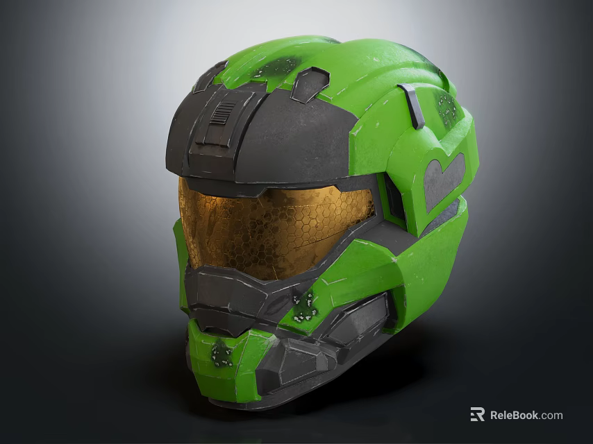 Green And Gray Sci Fi Tactical Helmet With Gold Visor And Protective Design 3d model