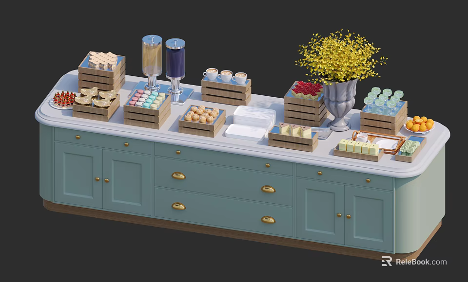 Assorted Pastries Candies And Berries Displayed On Light Blue Cabinet With Yellow Flower Bouquet 3d model 