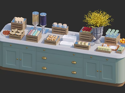 Assorted Pastries Candies And Berries Displayed On Light Blue Cabinet With Yellow Flower Bouquet 3d model