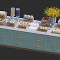 Assorted Pastries Candies And Berries Displayed On Light Blue Cabinet With Yellow Flower Bouquet