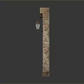 Classic Wooden Door With Ornate Carved Design And Stone Pillars Featuring Lintel And Wall Lamps