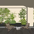 Indoor Landscape with Lush Green Plants Two Brown Chairs and Stack of Books