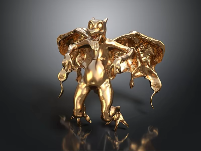 Golden Dragon Sculpture with Intricate Wings Claws and Mythical Design on Dark Reflective Surface 3d model