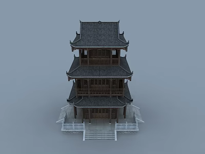 Ancient Chinese Traditional Building Three Story Structure With Curved Eaves Tile Roof And Stone Steps 3d model