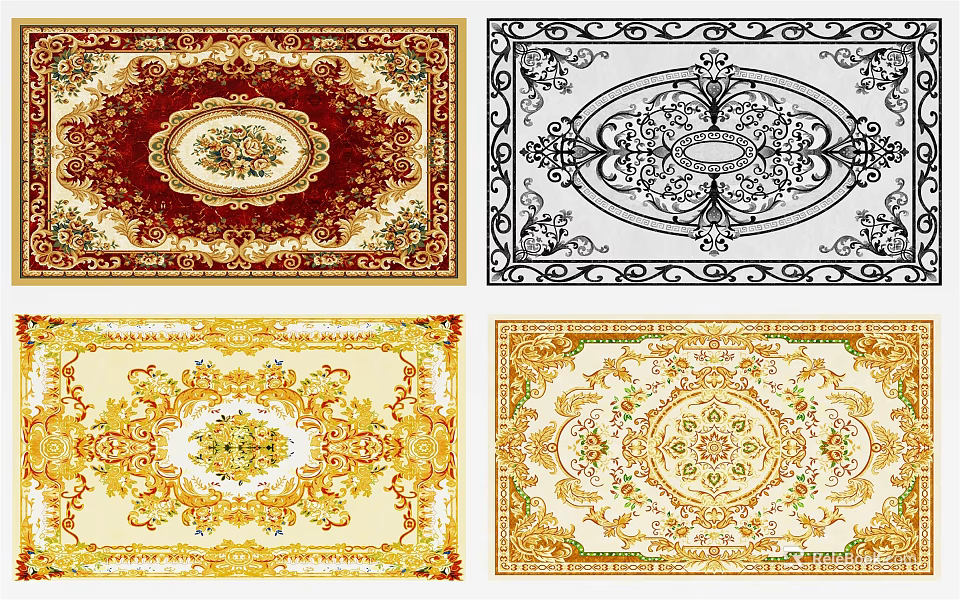 Floor Decoration With Various Traditional Carpet Designs And Ornate Patterns In Red Gold Beige 3d model 