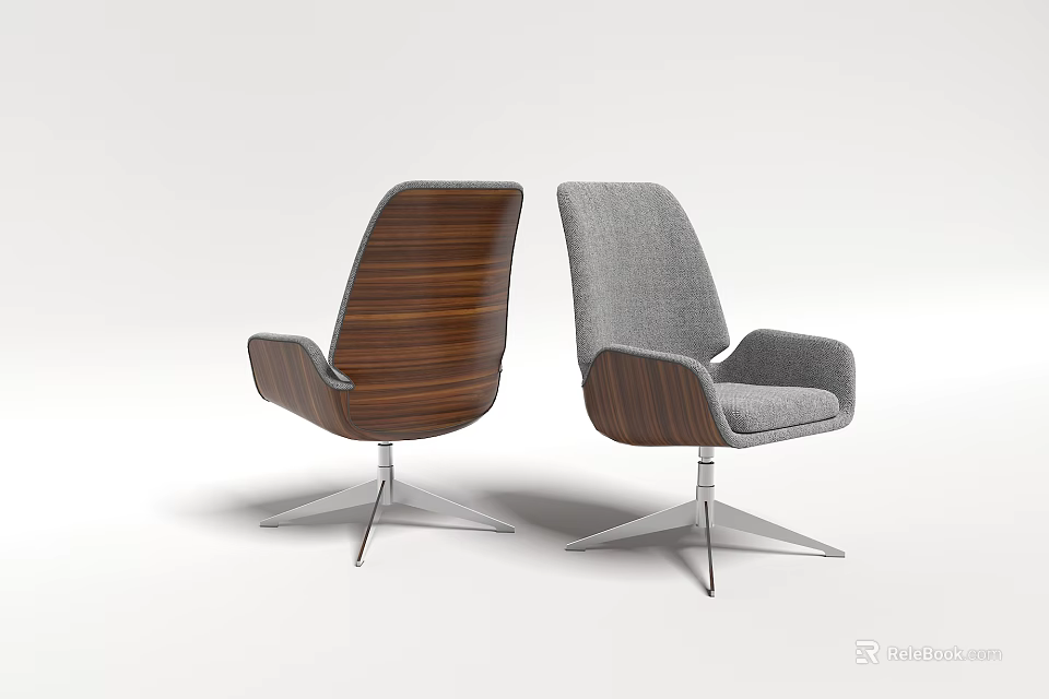 Modern Office Chairs With Wooden And Gray Fabric Backs And Metal Bases 3d model 
