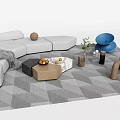 Modern White Curved Sofa And Coffee Table Set With Geometric Carpet Decorative Elements 3d model