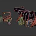 Ancient Architectural Market Stalls With Wooden Structures Striped Canopies Barrels And Tools