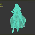 Blue haired woman in green and gold armor with cloak holding sword against gray background