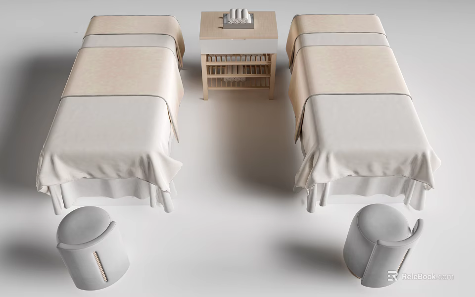 Two Single Beds Cozy Bedroom Arrangement with Small Table Between Tabletop Items and Stools Beside 3d model 