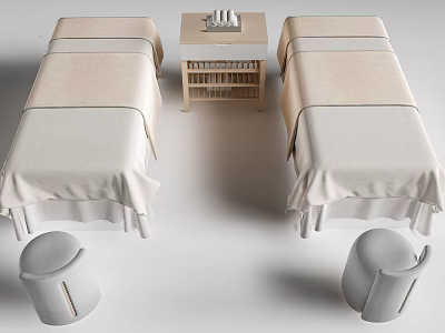 Two Single Beds Cozy Bedroom Arrangement with Small Table Between Tabletop Items and Stools Beside 3d model