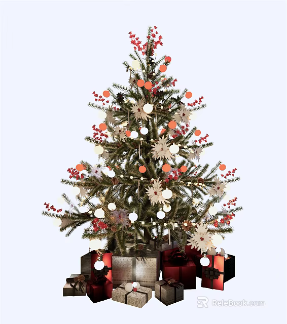 Decorated Christmas Tree With Red Berries White Orange Balls Snowflakes And Gift Boxes 3d model 