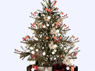 Decorated Christmas Tree With Red Berries White Orange Balls Snowflakes And Gift Boxes 3d model