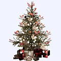 Decorated Christmas Tree With Red Berries White Orange Balls Snowflakes And Gift Boxes