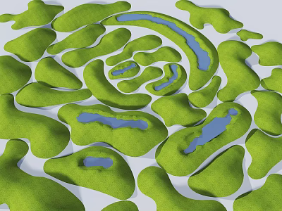 Garden Landscape Features with Irregular Green Shapes and Small Blue Water Areas 3d model