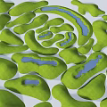 Garden Landscape Features with Irregular Green Shapes and Small Blue Water Areas