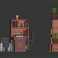 Toy Building Block Room Setup With Bookshelf Table Chairs And Potted Plants