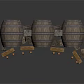 Rustic Architectural Scene With Stone Pillars Three Barrels And Wooden Tables