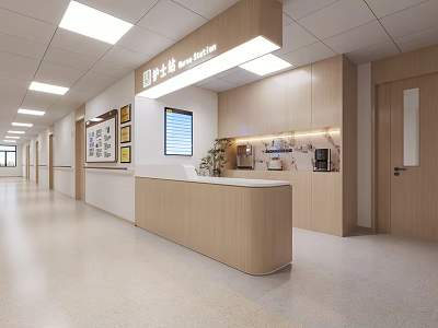 Rehabilitation Center Lobby With Wooden Reception Desk Modern Lighting And Wall Art 3d model