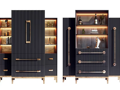 Elegant Modern Wine Cabinet With Black Gold Handles Glass Doors Drawers Lighting And Wine Bottles 3d model