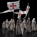 Medieval Knights With Cross Symbols In Tattered Robes Holding Flags Standing In Formation