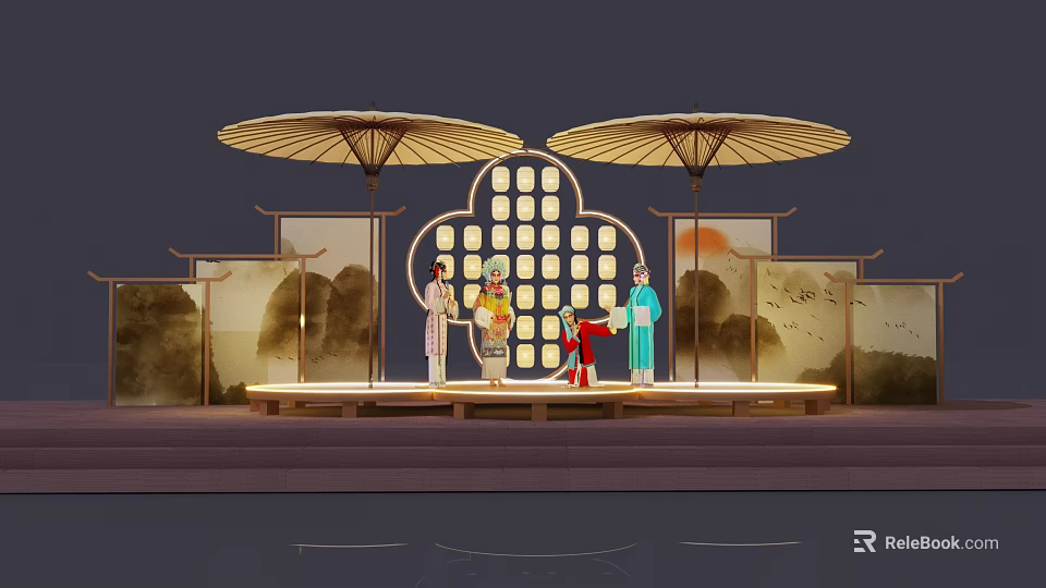 Traditional Stage Performance Scene With Large Umbrellas People In Traditional Costumes And Landscape Screen 3d model 