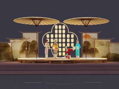 Traditional Stage Performance Scene With Large Umbrellas People In Traditional Costumes And Landscape Screen 3d model