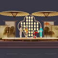 Traditional Stage Performance Scene With Large Umbrellas People In Traditional Costumes And Landscape Screen