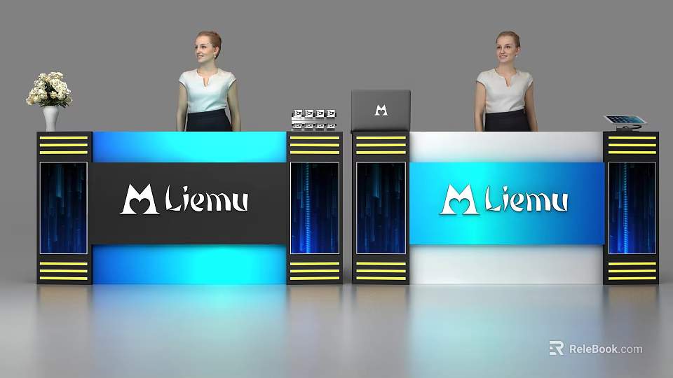Modern Liemu Reception Desk With Blue White Design And Staff Standing 3d model 