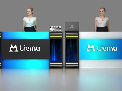 Modern Liemu Reception Desk With Blue White Design And Staff Standing 3d model