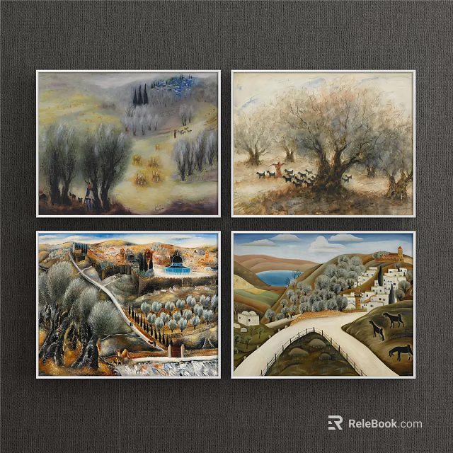 Rustic Landscape Paintings With Trees Animals Paths Houses Lakes And Hills 3d model 