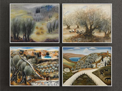Rustic Landscape Paintings With Trees Animals Paths Houses Lakes And Hills 3d model