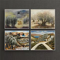Rustic Landscape Paintings With Trees Animals Paths Houses Lakes And Hills