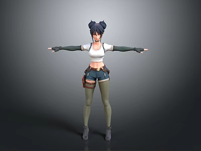 Woman With Double Buns White Crop Top Dark Shorts Green Socks Tool Belt Arms Outstretched 3d model