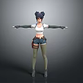 Woman With Double Buns White Crop Top Dark Shorts Green Socks Tool Belt Arms Outstretched
