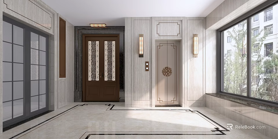 Elegant Elevator Lobby Interior With Marble Walls Decorative Doors And Wall Lamps 3d model