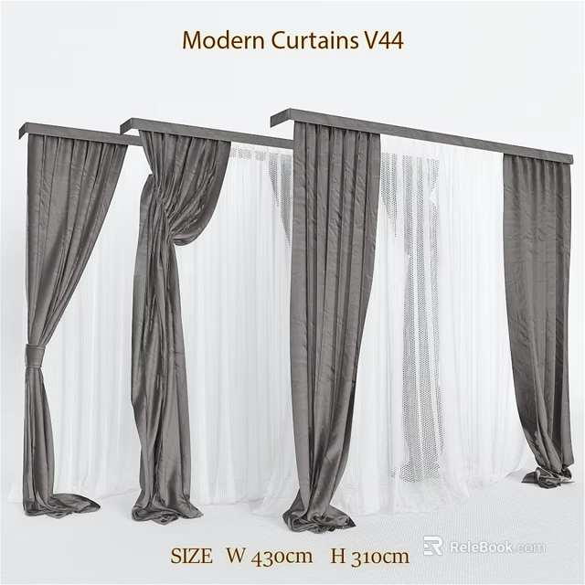 Stylish Layered Curtains Design With Gray Velvet And White Sheer Drapes On Rod 3d model 