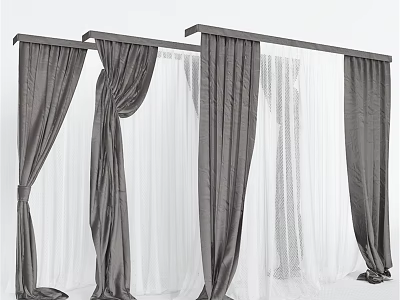 Stylish Layered Curtains Design With Gray Velvet And White Sheer Drapes On Rod 3d model