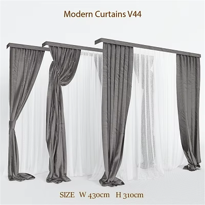 Stylish Layered Curtains Design With Gray Velvet And White Sheer Drapes On Rod 3d model