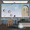 Kids Room Interior Design With Starry Wall Planets Astronaut Bed Desk Shelf And Rug