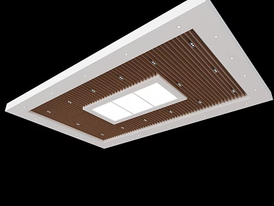 Modern Ceiling Design With Wooden Slats Recessed Lights And White Panel 3d model