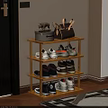 Wooden Four Tier Shoe Rack With Casual Shoes Handbag And Decorative Ornament In Corner
