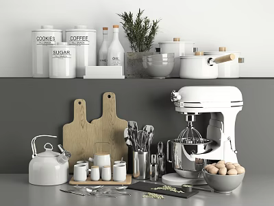 Dinnerware Set with Wooden Cutting Boards Stand Mixer Ceramic Jars Eggs Herbs on Kitchen Countertop 3d model