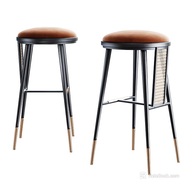 Modern Stylish Bar Stools With Brown Cushioned Seats Black Metal Legs And Gold Accents 3d model 