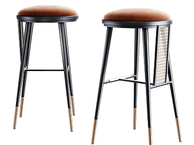 Modern Stylish Bar Stools With Brown Cushioned Seats Black Metal Legs And Gold Accents 3d model