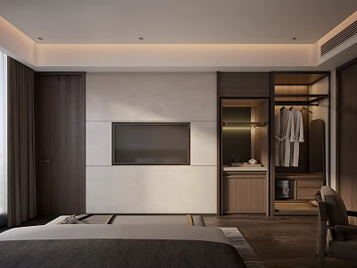 Modern Hotel Guest Room Interior With Comfortable Bed TV Wooden Wardrobe And Dark Curtains 3d model
